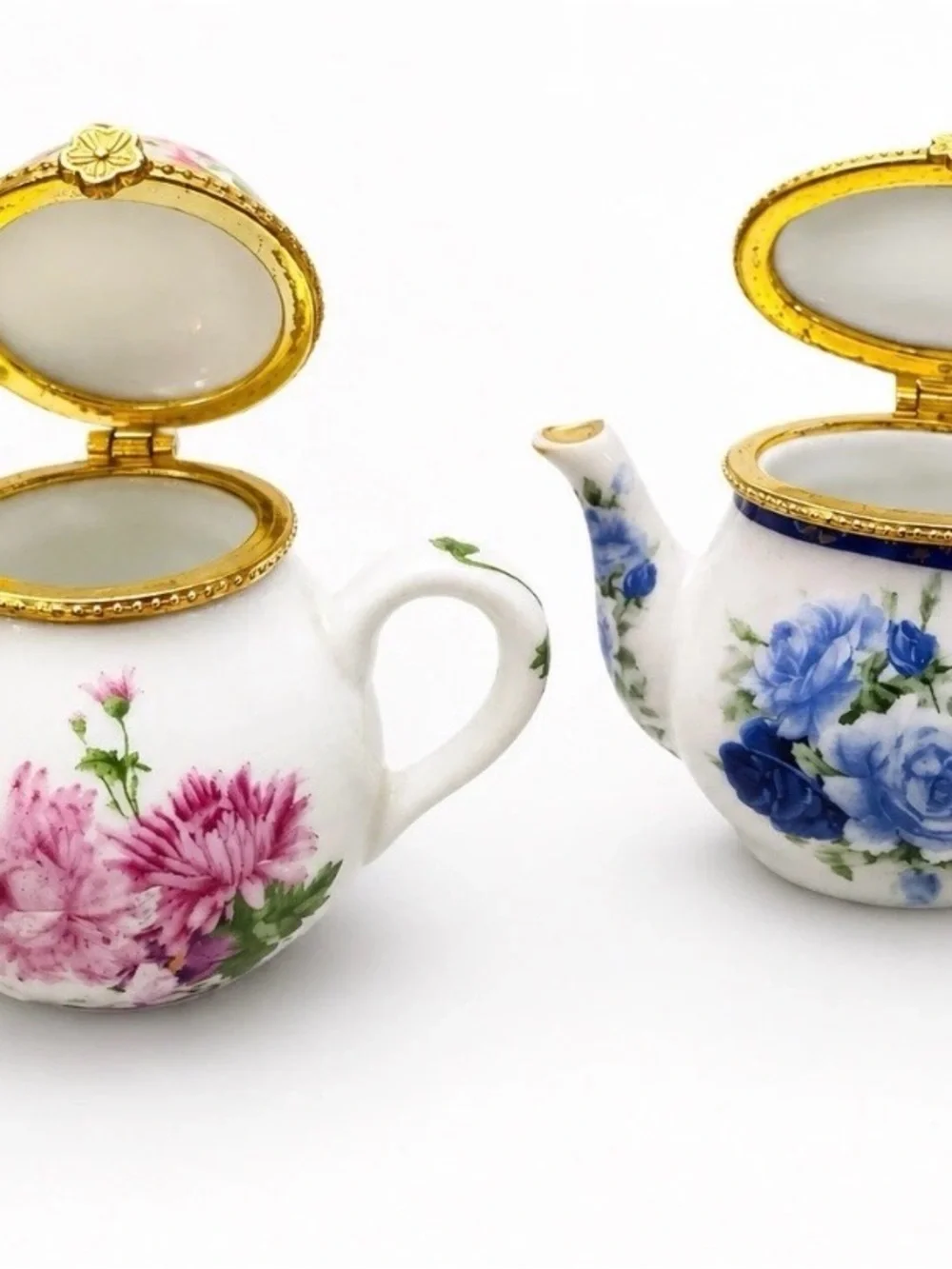 Porcelain Floral Mini Teapot Trinket Box - Blue and Pink